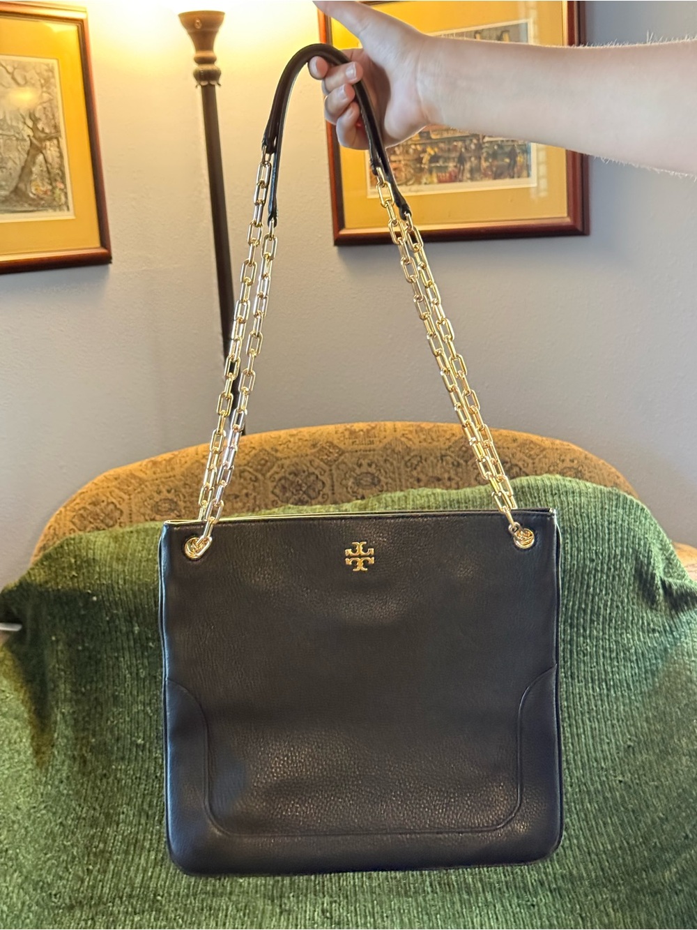Tory Burch Black Leather Shoulder Bag with Gold Chain Straps